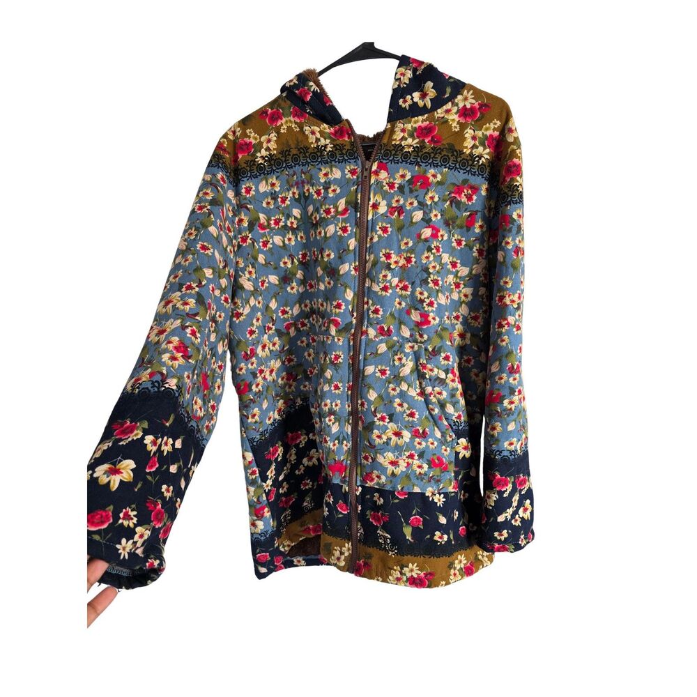 Boho Floral Patchwork Sherpa Fleece Lined Zip Up Hooded Jacket Plus Size 3XL - Picture 2 of 4